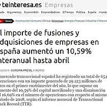 El importe de fusiones y adquisiciones de empresas en Espaa aument un 10,59% interanual hasta abril